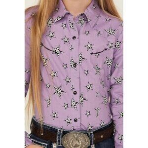 Cruel Girl's Long Sleeve Cow Print Star Snap Western Shirt Purple